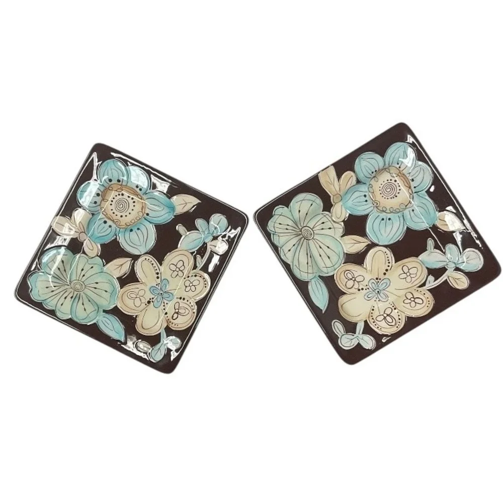 Pier 1 Imports Cassidy Set of Two‎ Floral Earthenware Square Dessert Salad Plate